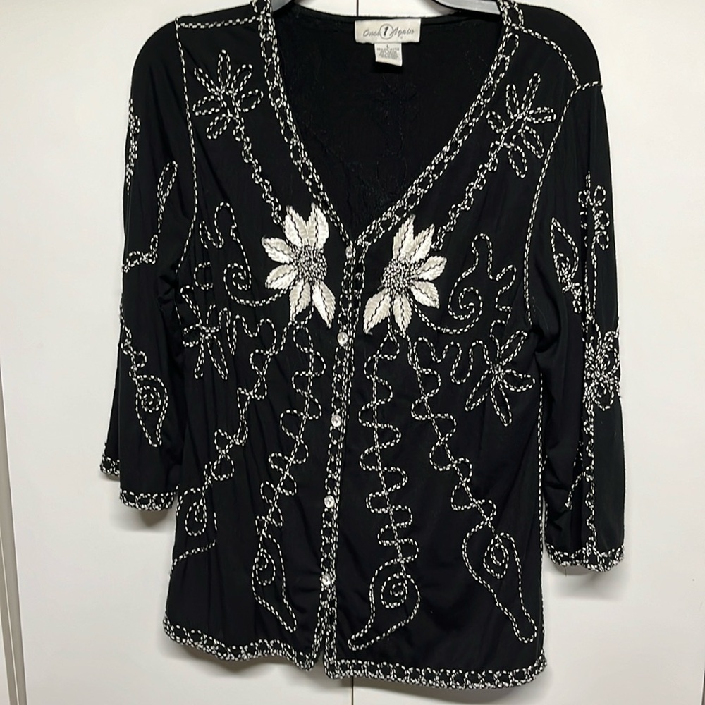 Once Again Black Embroidered Cardigan Sweater Jacket Size Large